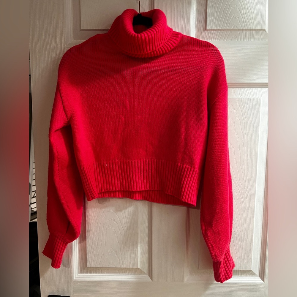 Bar III Bright Neon Pink Crop Turtleneck Sweater Fuzzy Balloon Sleeves Small